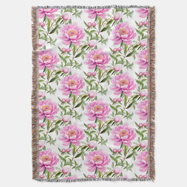 Pink Peony Flowers with Sage Green Leaves Throw Blanket (Front Vertical)