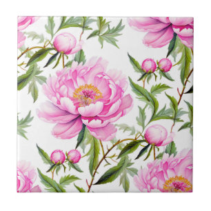 Pink Peony Flowers with Sage Green Leaves Tile