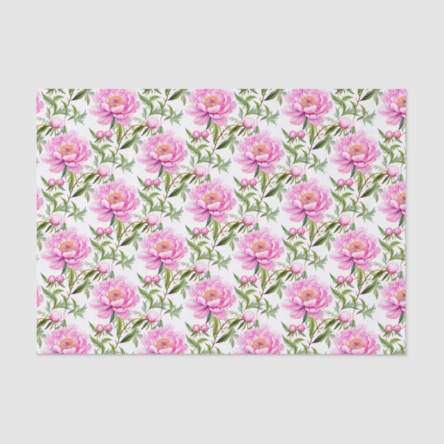 Pink Peony Flowers with Sage Green Leaves Tissue Paper (Front)