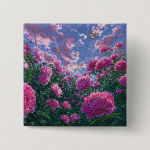 Pink Peony Garden Art with Butterflies 15 Cm Square Badge