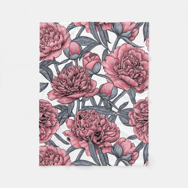 Pink peony garden fleece blanket (Front)