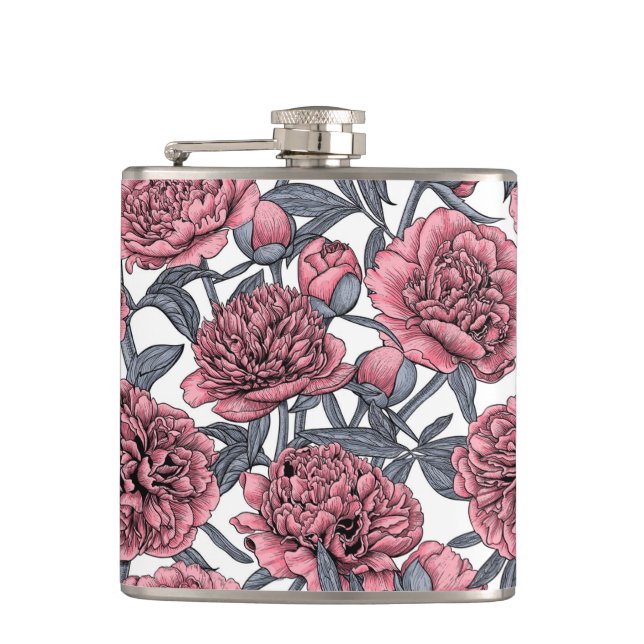 Pink peony garden hip flask (Front)