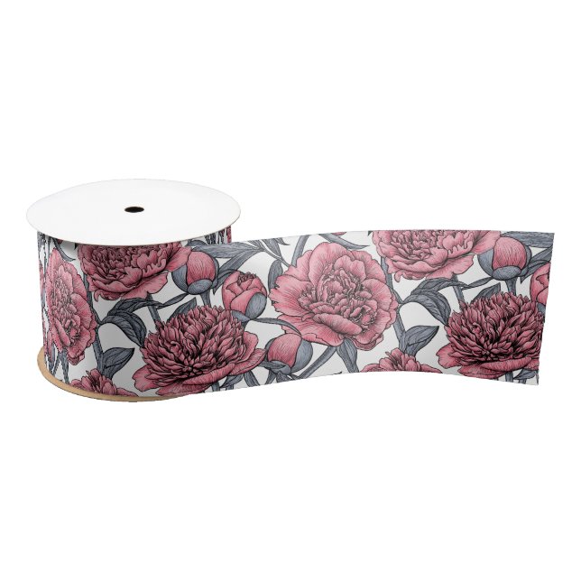 Pink peony garden satin ribbon (Spool)