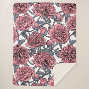 Pink peony garden sherpa blanket
