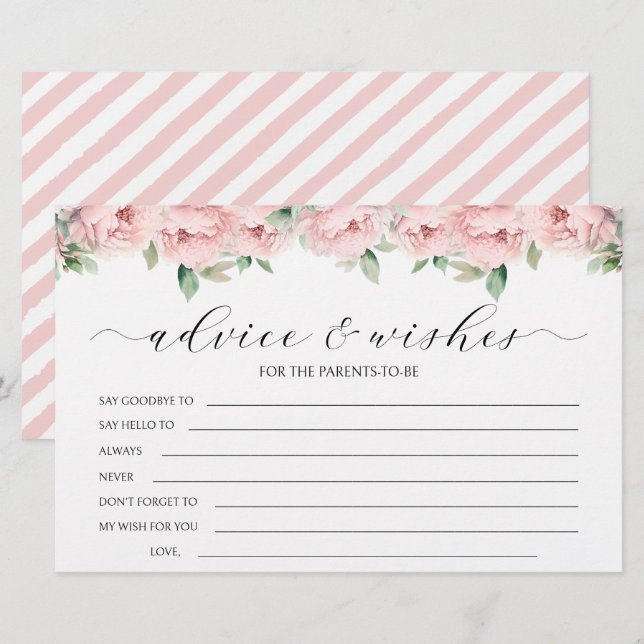 Pink peony girl baby shower advice wishes cards (Front/Back)