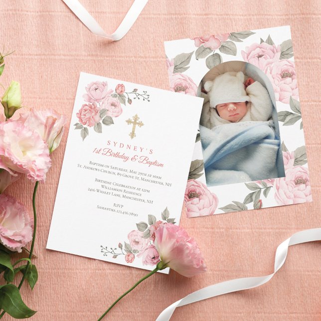 Pink Peony Gold Cross Baby's 1st Birthday Baptism Invitation (Pink Peony Gold Cross Baby's 1st Birthday Baptism Invitation)
