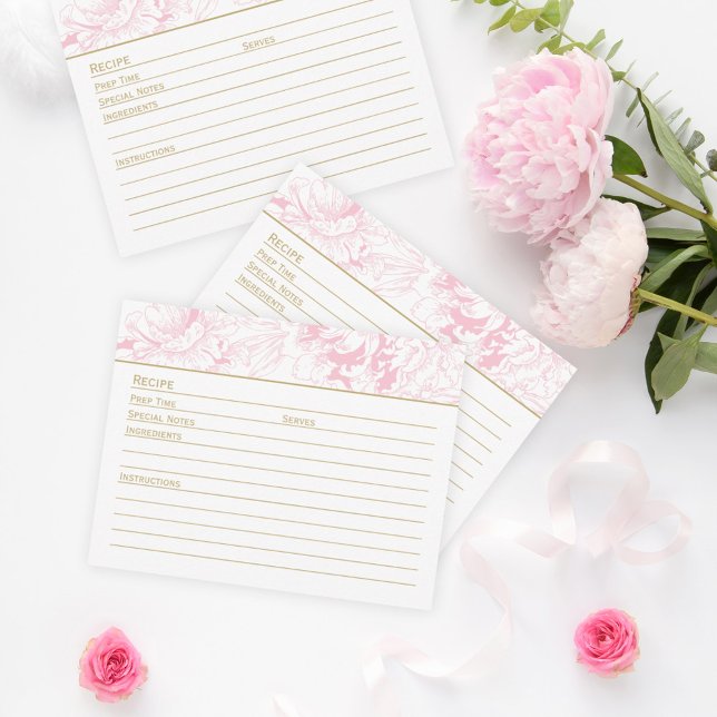 Pink Peony Gold Wedding Bridal Shower Recipe Card (Creator Uploaded)