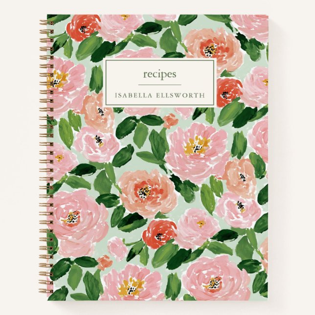 Pink Peony Greenery Personalized Name Recipe Notebook (Front)