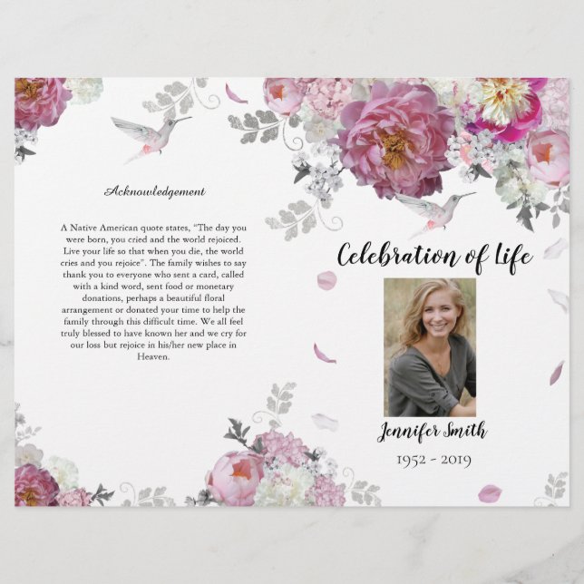 Pink Peony Hydrangea Hummingbird Funeral Program  Flyer (Front)