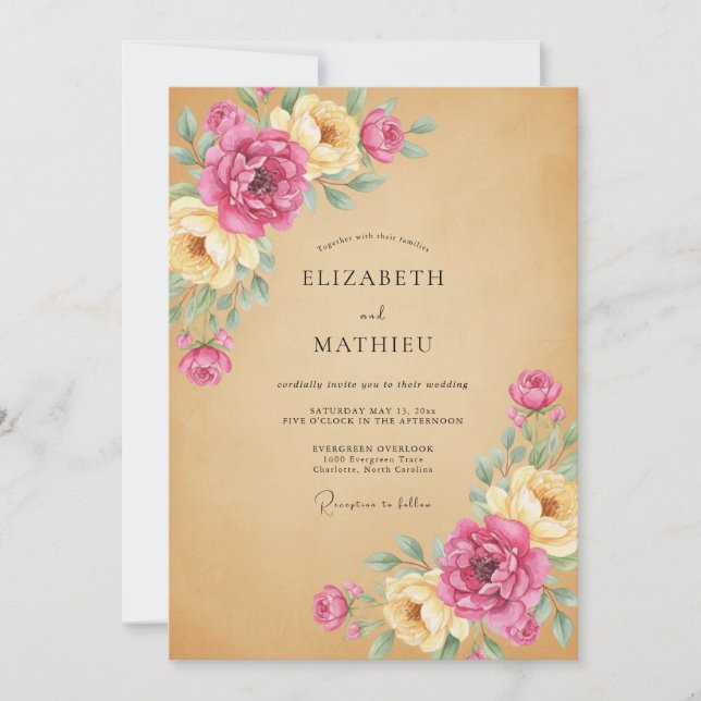 Pink Peony Kraft Wedding Invitation (Front)