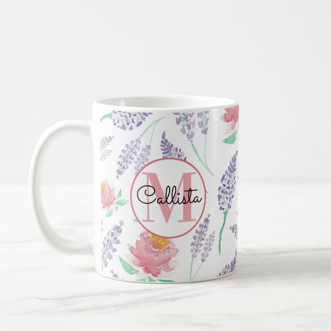 Pink Peony Lavender Floral Watercolor Monogram Coffee Mug (Left)