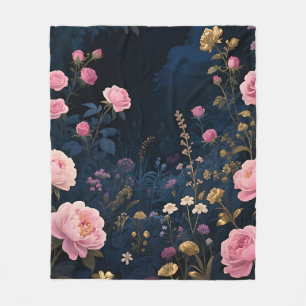 Pink Peony Midnight Garden Bloom Fleece Blanket