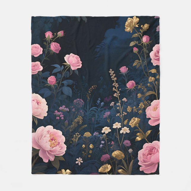 Pink Peony Midnight Garden Bloom Fleece Blanket (Front)