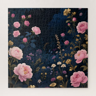 Pink Peony Midnight Garden Bloom Jigsaw Puzzle
