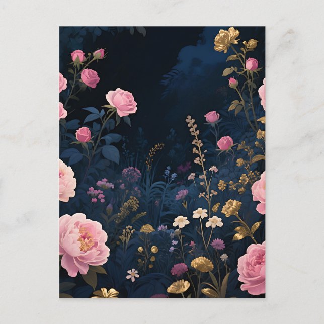 Pink Peony Midnight Garden Bloom Postcard (Front)