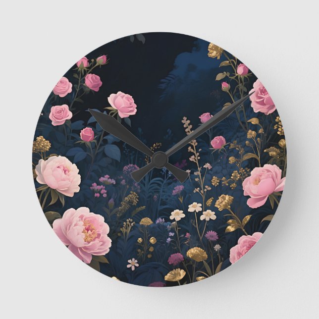 Pink Peony Midnight Garden Bloom Round Clock (Front)