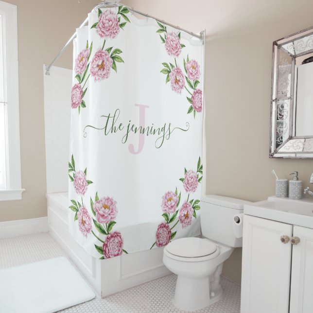 Pink Peony Monogrammed Shower Curtain (In Situ)