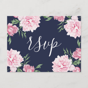 Pink Peony & Navy Background Meal Choice RSVP Invitation Postcard