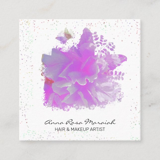 *~* Pink Peony Painting Art Butterfly AR3 Square Business Card (Front)