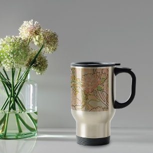 Pink Peony Pattern Alphonse Mucha Travel Mug