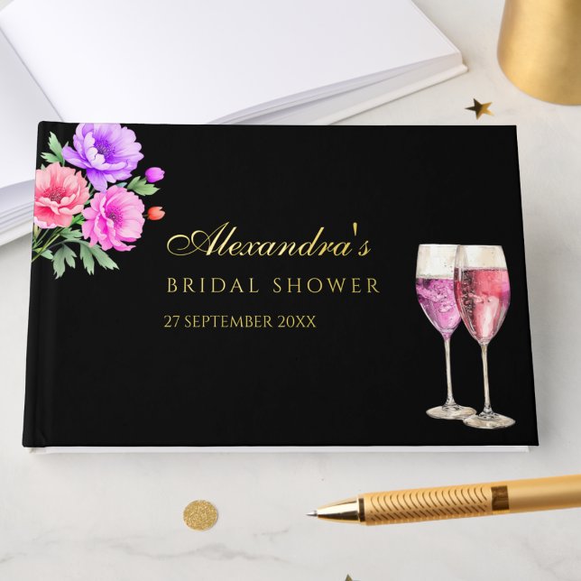 Pink Peony Petals and Prosecco Bridal Shower Guest Book (Creator Uploaded)