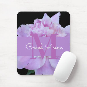 Pink Peony Purple Monogram Floral Black Mouse Mat