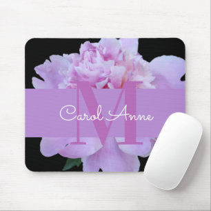 Pink Peony Purple Monogram Floral Black Mouse Pad