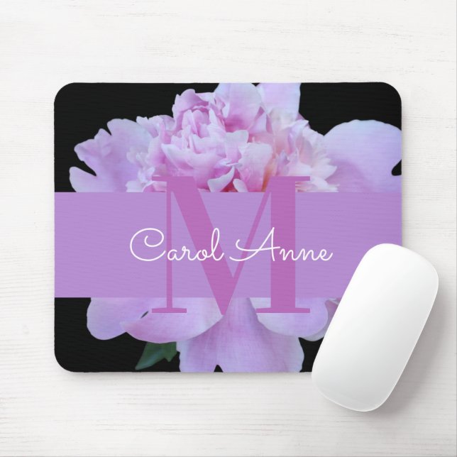 Pink Peony Purple Monogram Floral Black Mouse Pad (With Mouse)
