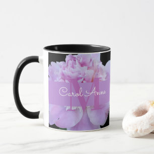 Pink Peony Purple Monogram Floral Black Mug