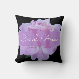 Pink Peony Purple Monogram Floral Black Throw Pill Cushion
