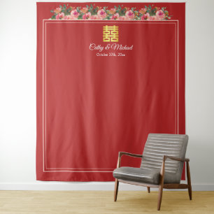 Pink peony red modern chinese wedding backdrop tapestry