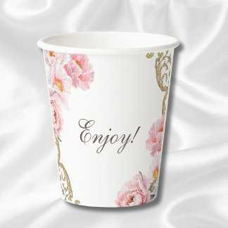 Pink Peony Rococo Floral Baby Shower Paper Cups
