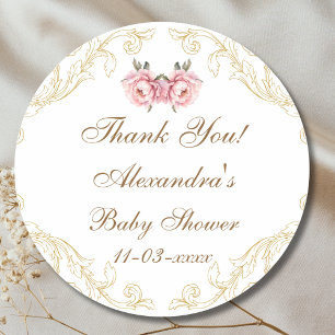 Pink Peony Rococo Floral Baby Shower Thank You Classic Round Sticker