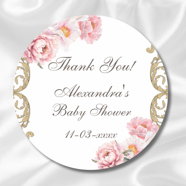 Pink Peony Rococo Floral Baby Shower Thank You Classic Round Sticker (Creator Uploaded)