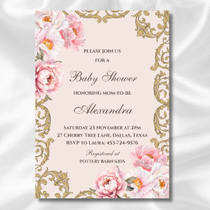 Pink Peony Rococo Vintage Floral Baby Shower Invitation