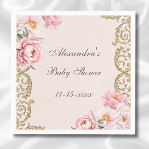 Pink Peony Rococo Vintage Floral Baby Shower Napkin