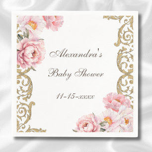 Pink Peony Rococo Vintage Floral Baby Shower Napkin