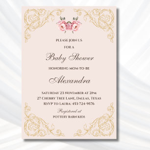 Pink Peony Rococo Vintage Flowers Baby Shower Invitation