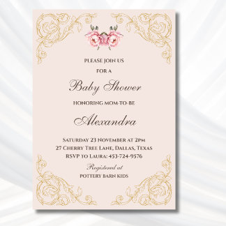 Pink Peony Rococo Vintage Flowers Baby Shower Invitation