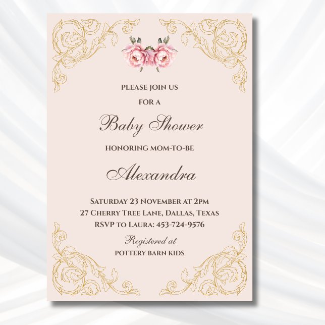 Pink Peony Rococo Vintage Flowers Baby Shower Invitation (Creator Uploaded)