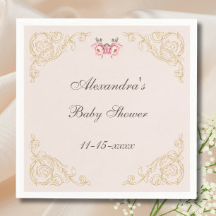 Pink Peony Rococo Vintage Flowers Baby Shower Napkin