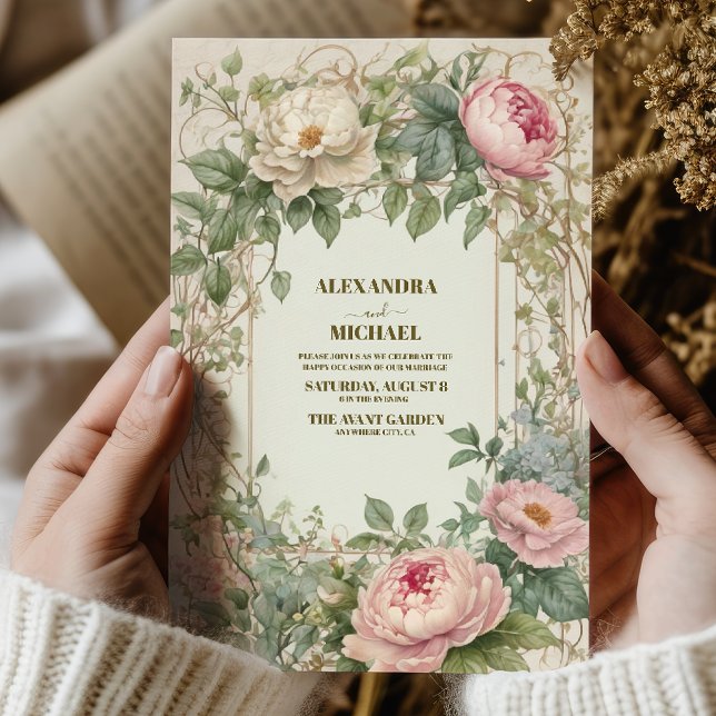 Pink Peony Romantic Art Nouveau Wedding Invitation (Creator Uploaded)
