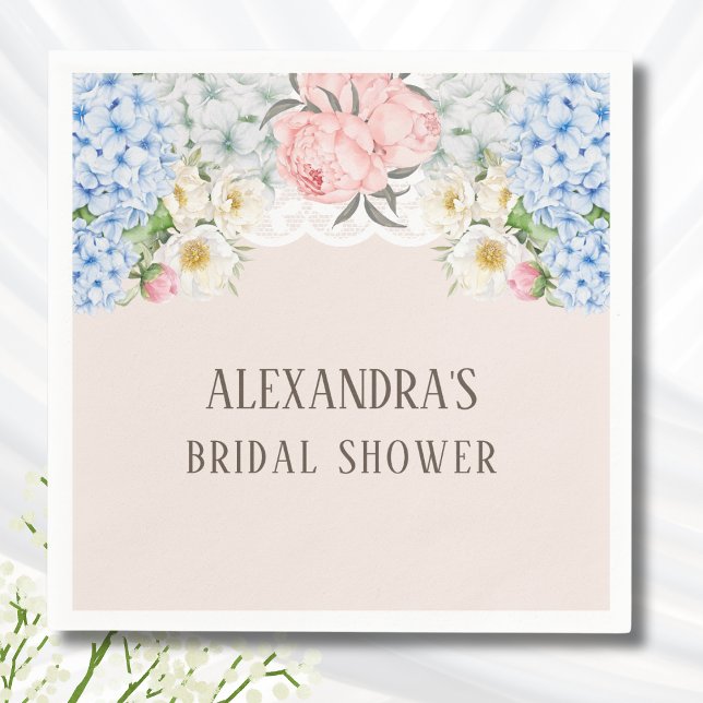 Pink Peony Romantic Blue Hydrangea Bridal Shower Napkin (Creator Uploaded)