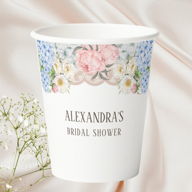 Pink Peony Romantic Blue Hydrangea Bridal Shower Paper Cups (Creator Uploaded)