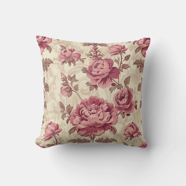 Pink Peony Rose Blossom Farm Style Botanical  Cushion (Front)