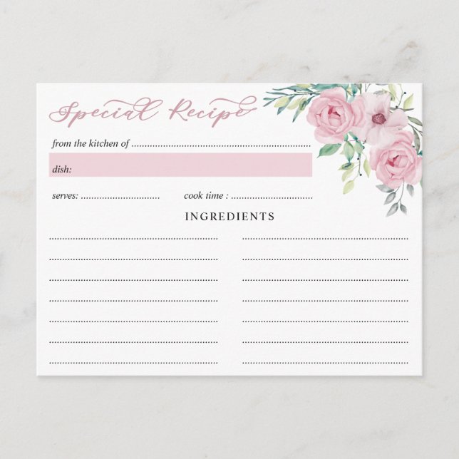 Pink Peony Rose Flowers Bridal Shower Recipe Card (Front)