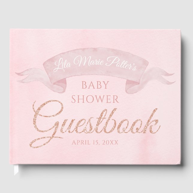 Pink Peony Rose Gold Baby Shower Guestbook (Front)