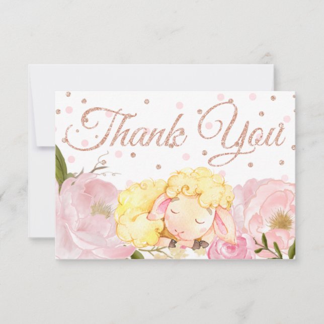 Pink Peony Rose Gold Sheep Baby Shower Thank You Card (Front)