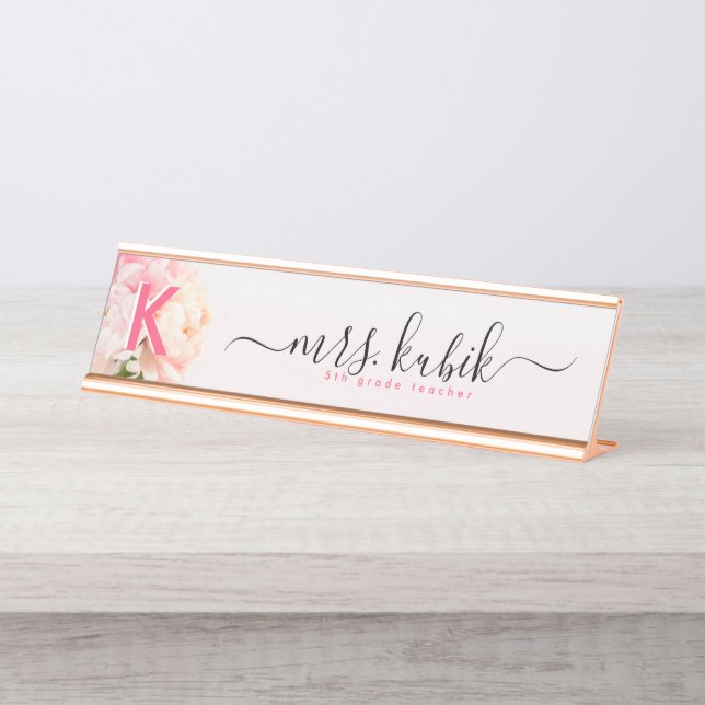 Pink Peony Rose Gold Teacher Desk Name Plate (Front)