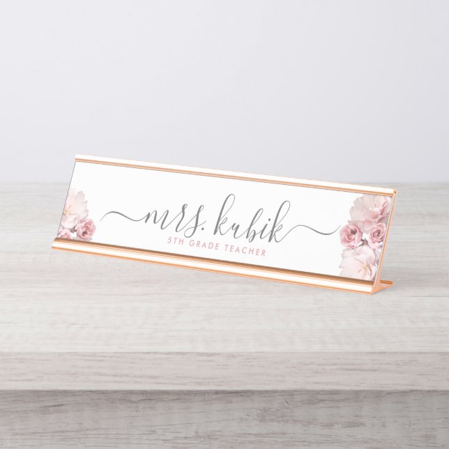 Pink Peony Rose Gold Teacher Desk Name Plate (Front)